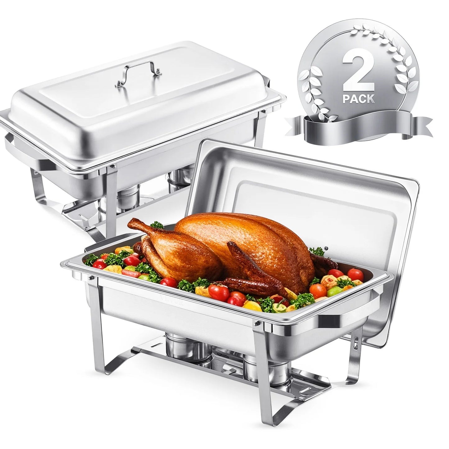 VEVOR 2 Packs Chafing Dish Buffet Set Stainless Steel Chafer Rectangle Catering Warmer Server with Lid Water Pan Party Banquets