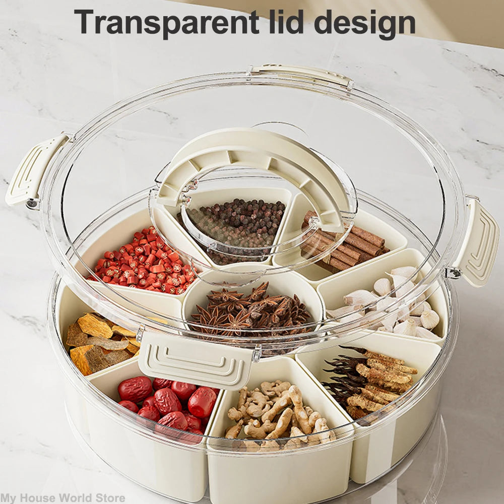 Divided Rotating Serving Tray with Lid & Handle Portable Snackle Box for Fruits Snacks Veggie Charcuterie Clear Snack Organizer