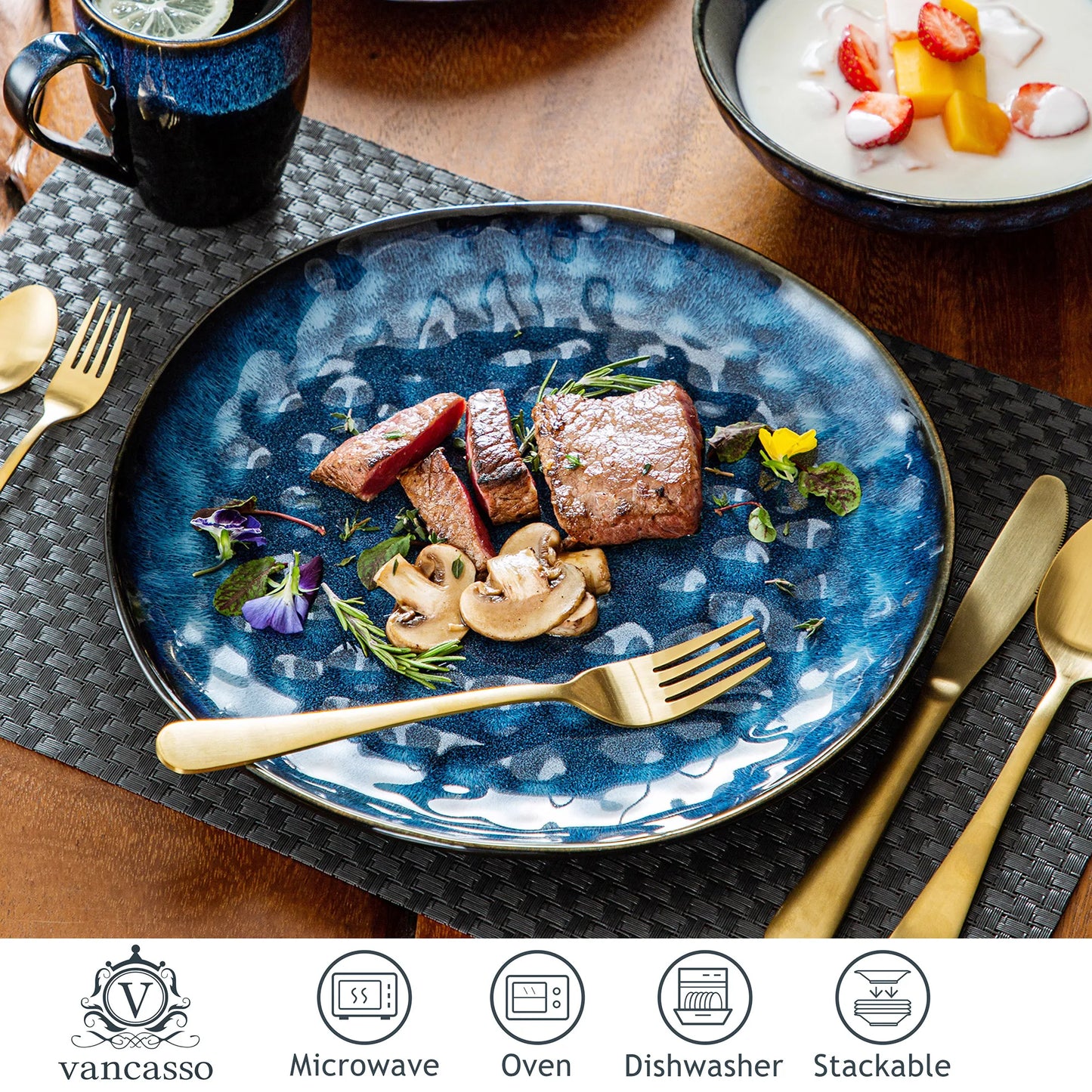VANCASSO 16/32/48-Piece Starry Blue Dinner Set,Kiln Change Glaze Tableware Dinner Set with Dinner Plate,Dessert Plate,Bowl,Mug