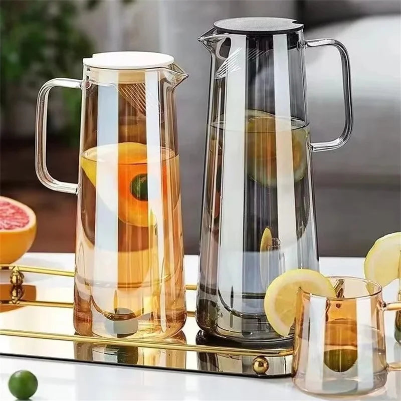 1.8L Glass Pot Pitcher with Lid Easy Clean Heat Resistant Glass Water Jug Refrigerator Carafe with Handle for Hot/Cold Beverages