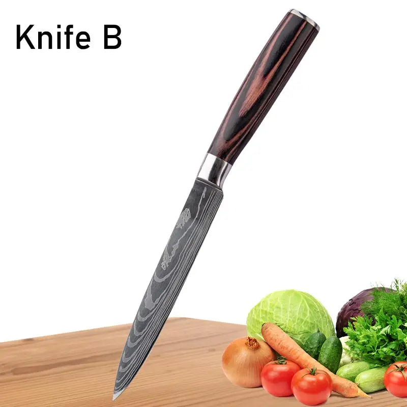 WXCOO Chef Knife Japanese Kitchen Knives Set Professional Laser Damascus Pattern Stainless Steel Meat Cleaver Slicer Knife