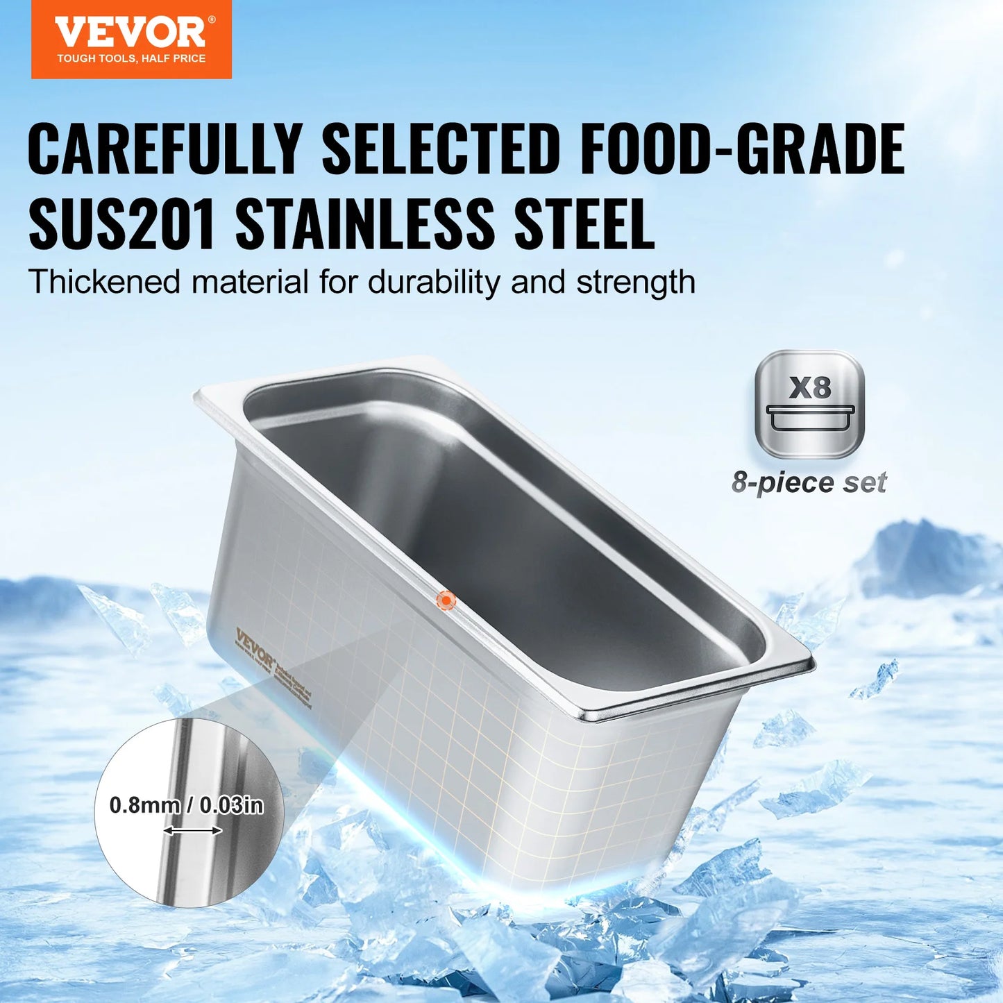 VEVOR 8 Pack Buffet Chafing Dishes 5.93L Gastronorm Pans Steam Table Pans Tray with Lid 6-Inch Deep Catering Food Pan