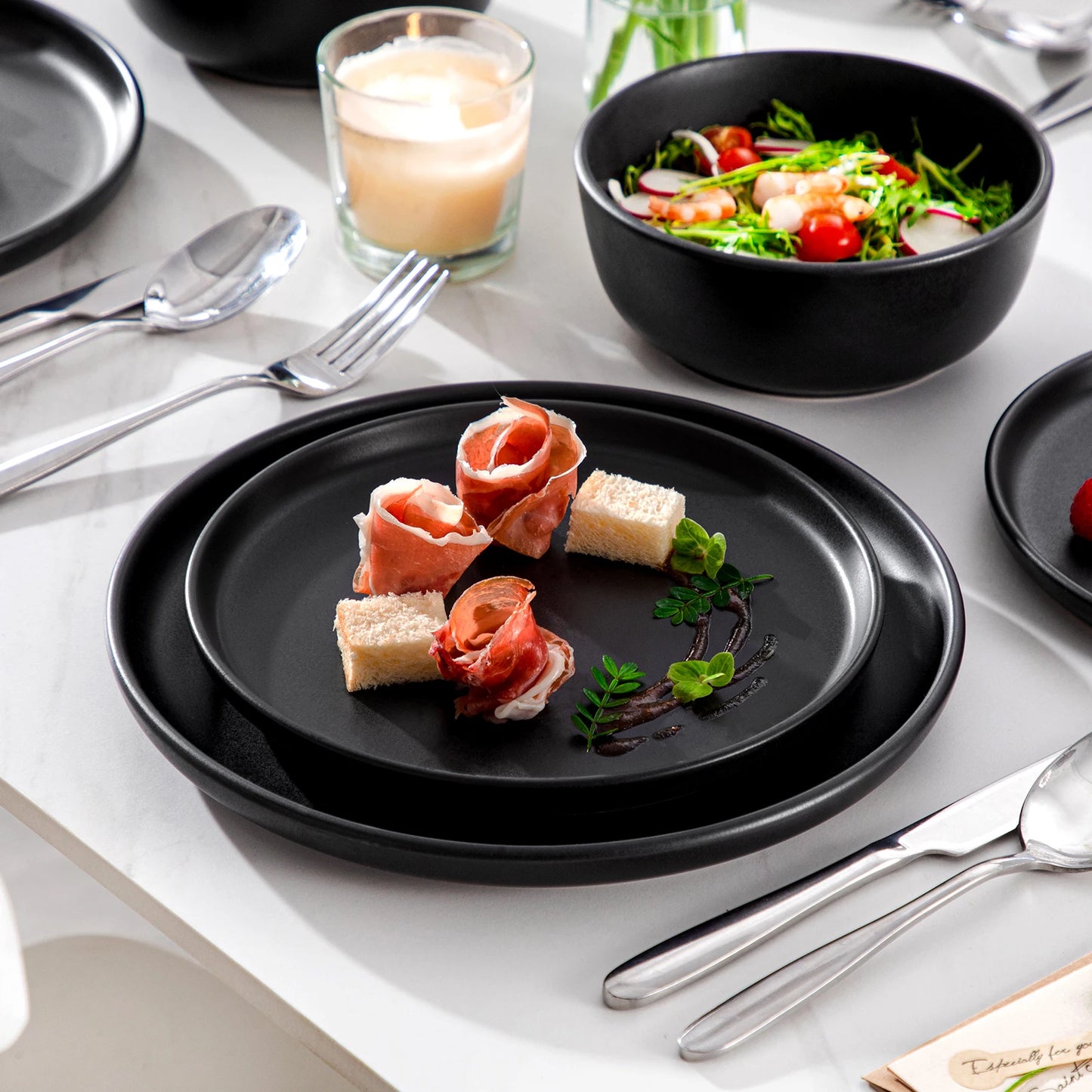 vancasso 18/36 PCS Black Reactive Glaze Dinnerware Set Stoneware Plates Set Microwave Safe with 6PCS Dinner Plate/Dessert/Bowl