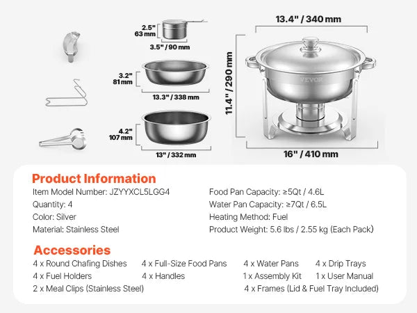 VEVOR 4 Pack Chafing Dish Buffet Set Stainless Steel Chafer with 4 Full Size Pan Round Catering Warmer Server for Party Banquets