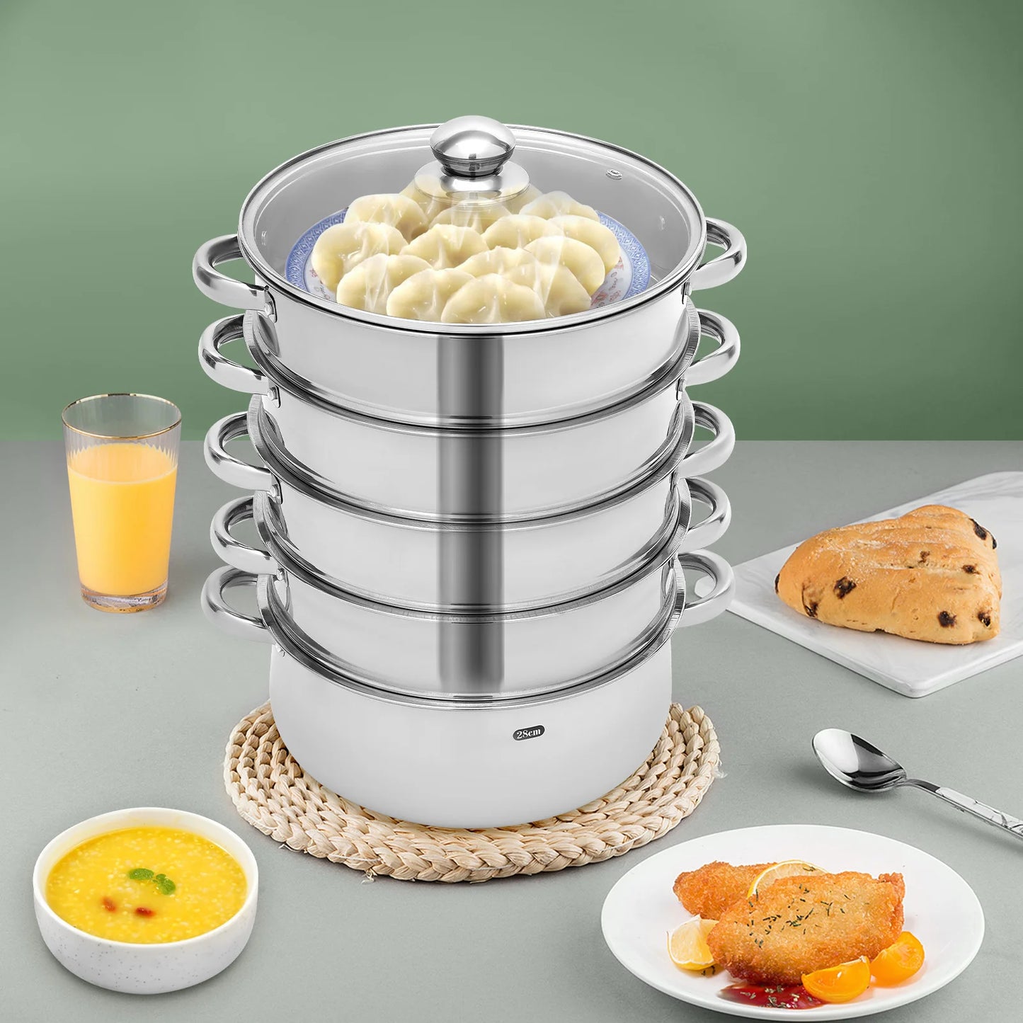 5 Tier Stainless Steel Steam Cooker Steamer Set Pan Cook Pot with Glass Lid