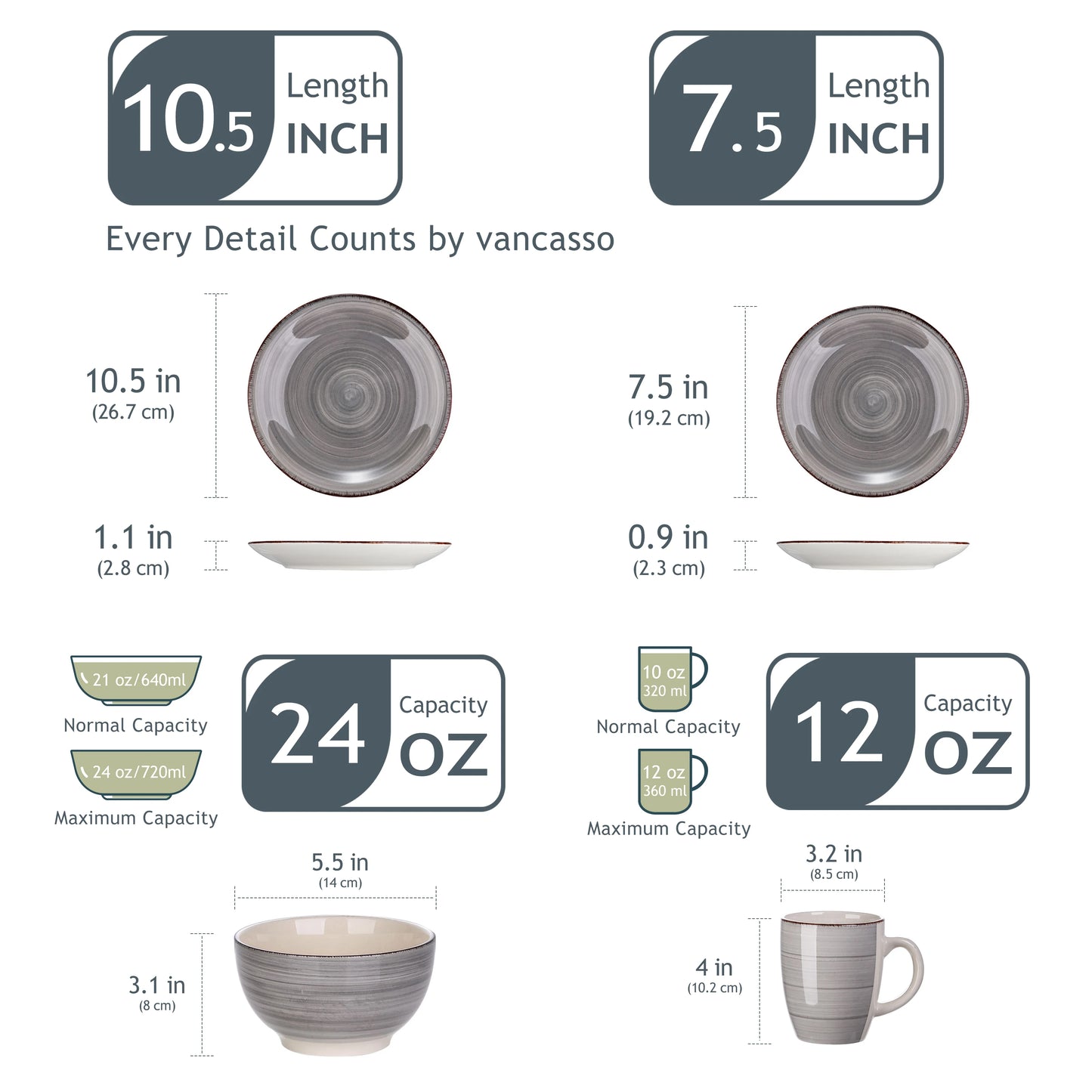 vancasso 16/32/48-Pieces Porcelain Dinner Set Grey Vintage Ceramic Tableware Set with Dinner Plate,Dessert Plate,Bowl,Mug