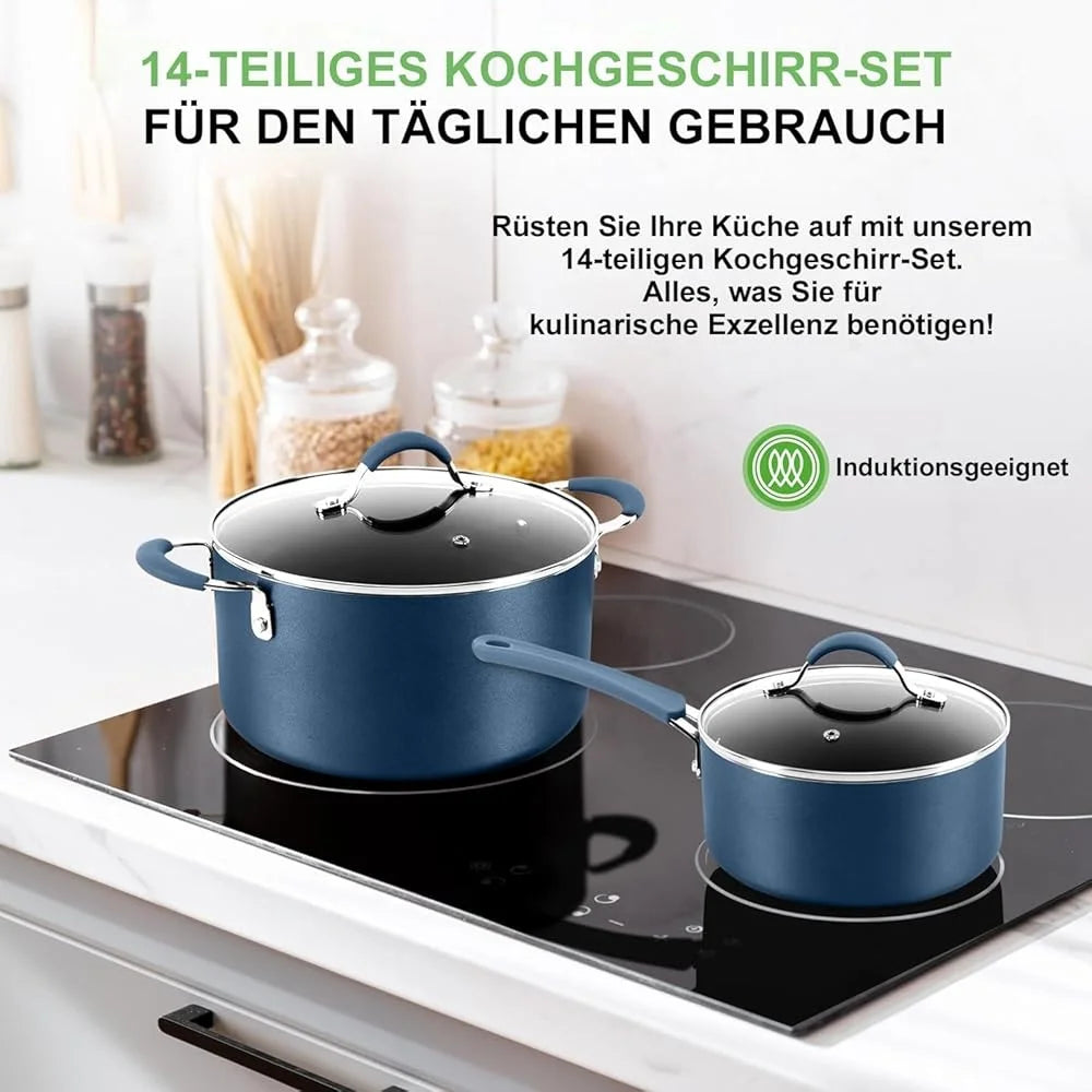 14-Piece Non-Stick Cookware Set Ceramic Induction Pots Pans Heat Resistant with Lids Glass Vent Cool Touch Handles Utensils
