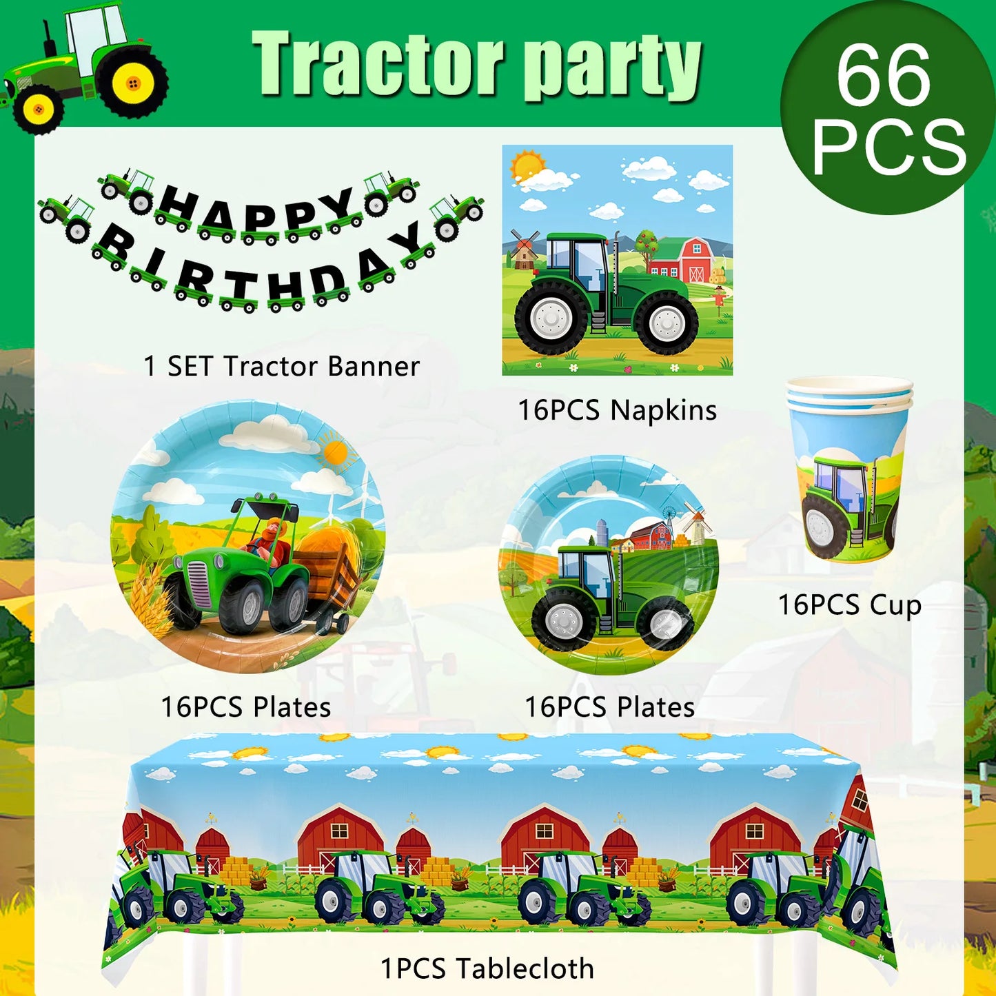 Tractor Birthday Party Supplies,66 pcs Decorations Tableware Pack-Tractor Plates and Napkins Cups Tablecloth&Banner etc