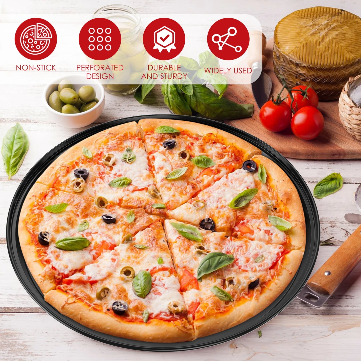 3Pcs / 4Pcs Pizza Pan with Perforated Holes Non Stick Pizza Trays 3 Sizes / 4 Sizes Pizza Baking Pan Carbon Steel Pizza Baking