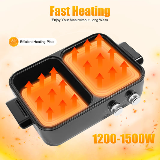 1200-1500W 2-in-1 Electric Hot Pot Grill Nonstick Dual Temperature Control UK Plug Black for Indoor Family BBQ