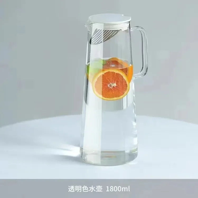 1.8L Glass Pot Pitcher with Lid Easy Clean Heat Resistant Glass Water Jug Refrigerator Carafe with Handle for Hot/Cold Beverages