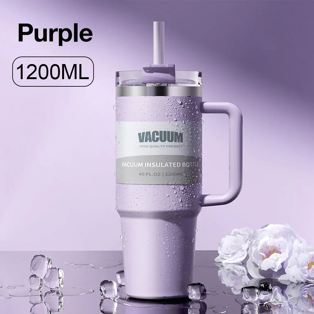 40oz 304 Stainless Steel Insulated Water Bottle Thermal Coffee Car Cup Cold Hot Mugs Vacuum Flask With Handle Straw For Sport