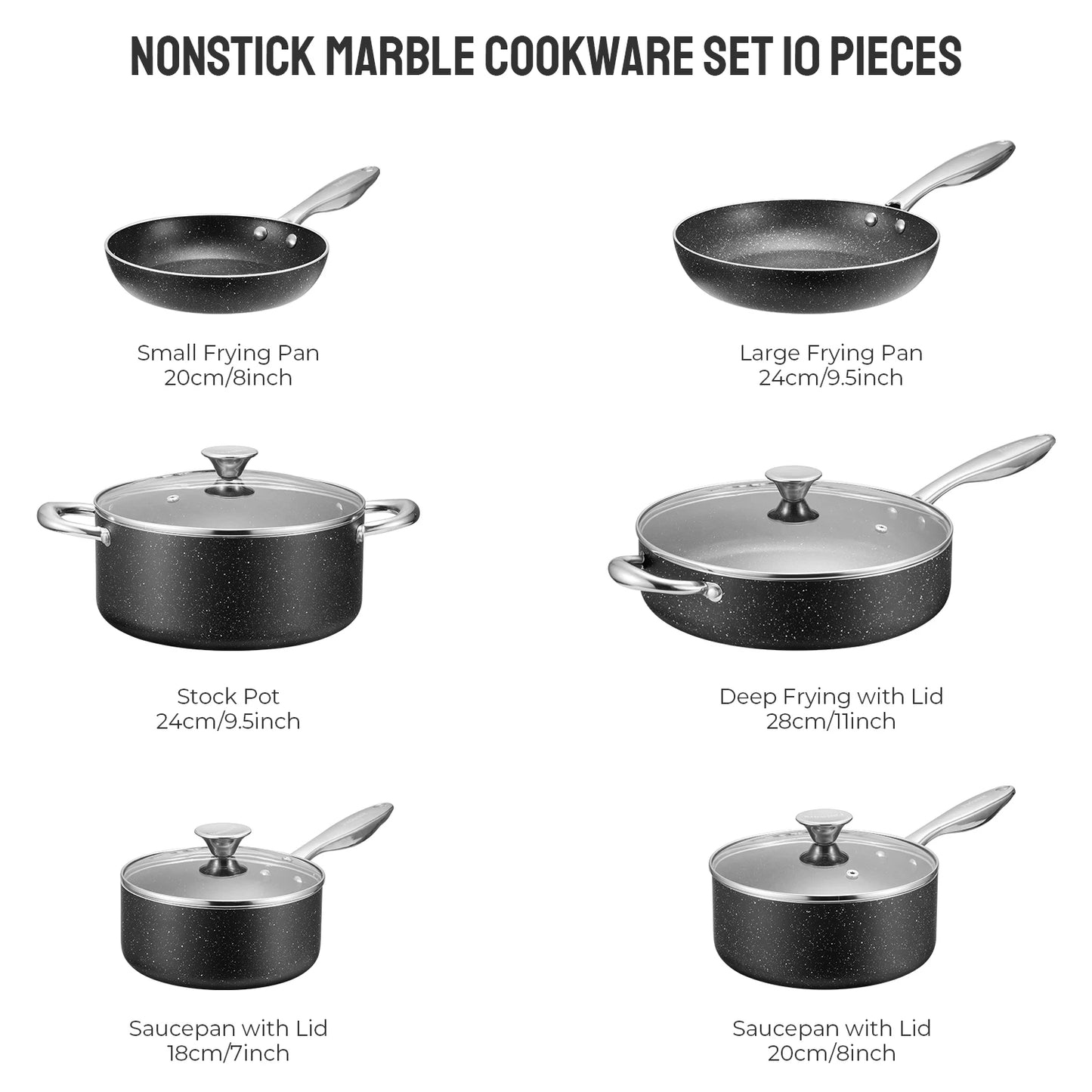 Nonstick Pots and Pans Set 10pcs, Induction hob Pan Set, Induction Compatible, Large Capacity Kitchen Cooking Pans Set