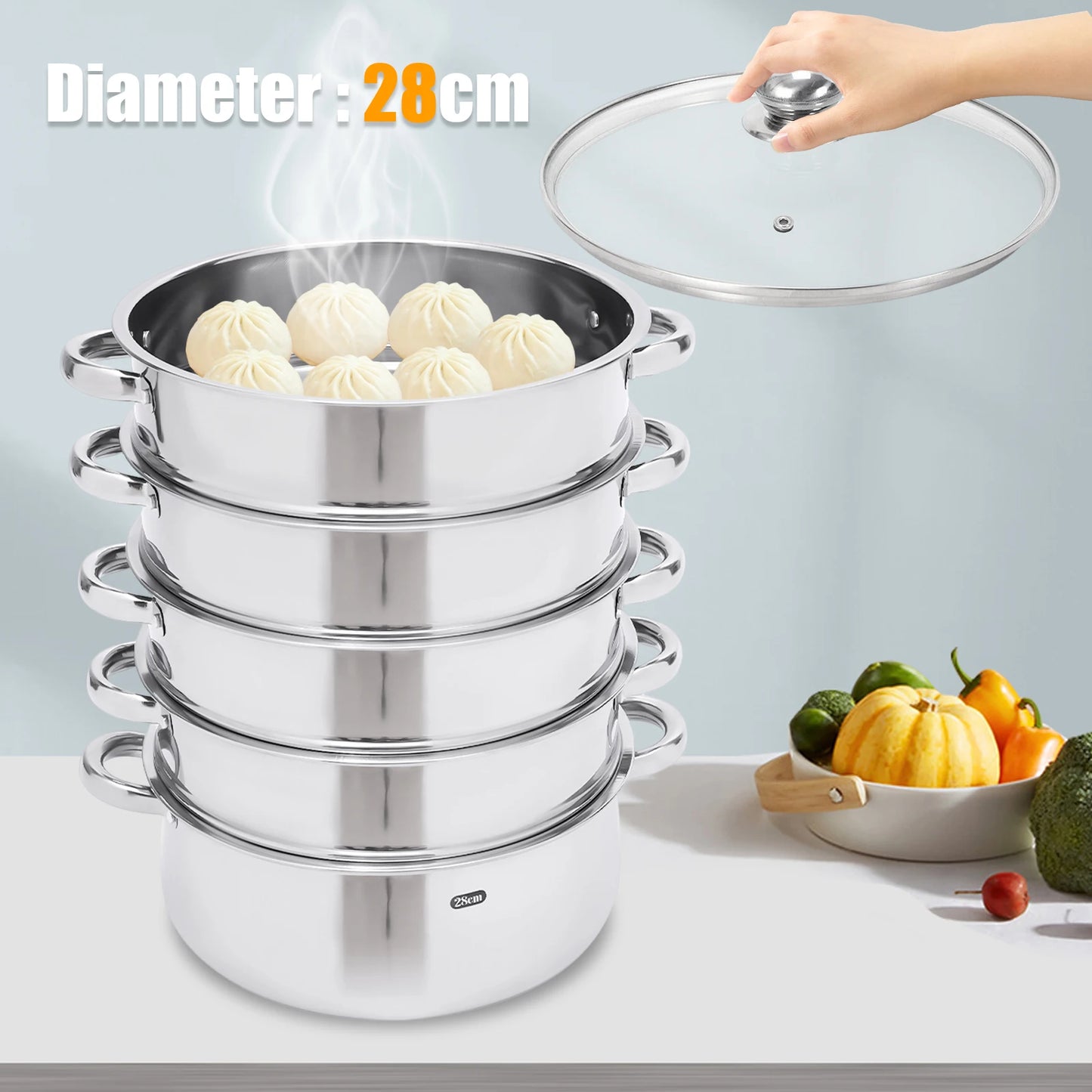 5 Tier Stainless Steel Steam Cooker Steamer Set Pan Cook Pot with Glass Lid