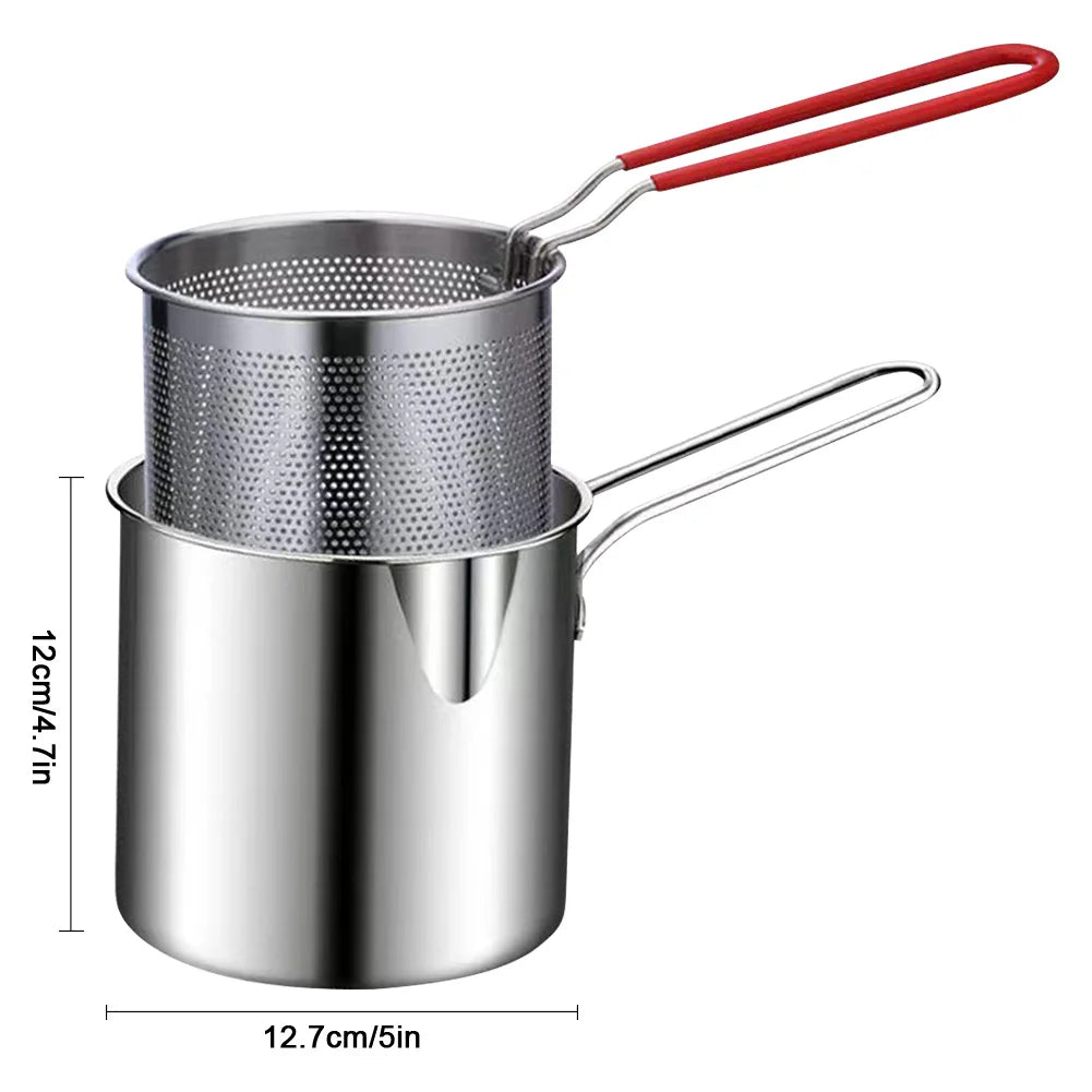 Tempura Small Deep Frying Pan with Strainer Basket Stainless Steel Deep Fryer Pot Portable Cooking Pot for Kitchen Fried Chicken