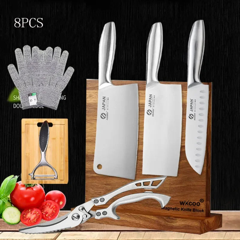 Professional Kitchen Knives Chef Chopping Knife Hollow Handle Meat Vegetable Slicing Knife Solid Wood Magnetic Knife Block