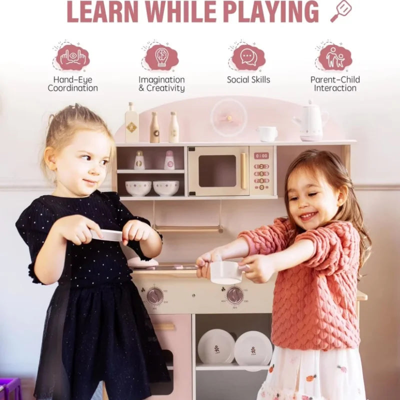 Robotime Robud Wooden Play Kitchen with Realistic Accessories Toy Kitchen Set with Play Features Toy Kitchen for Girls Boys
