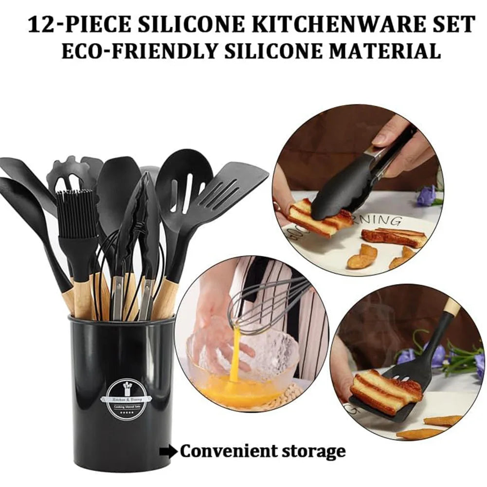 12Pcs Kitchen Utensil Set Silicone Spatula Set with Holder Non-Stick Spatula Set Spatula Spoon Brush Whisk Kitchen Supplies