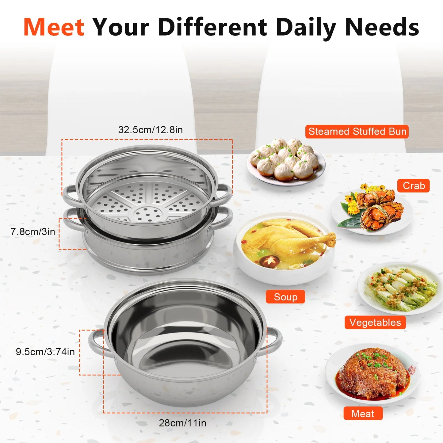 28CM 3-Tier Stainless Steel Steamer Pot Set with Glass Lids for Cooking Vegetables Multi-Purpose Food Preparation Food Cooker