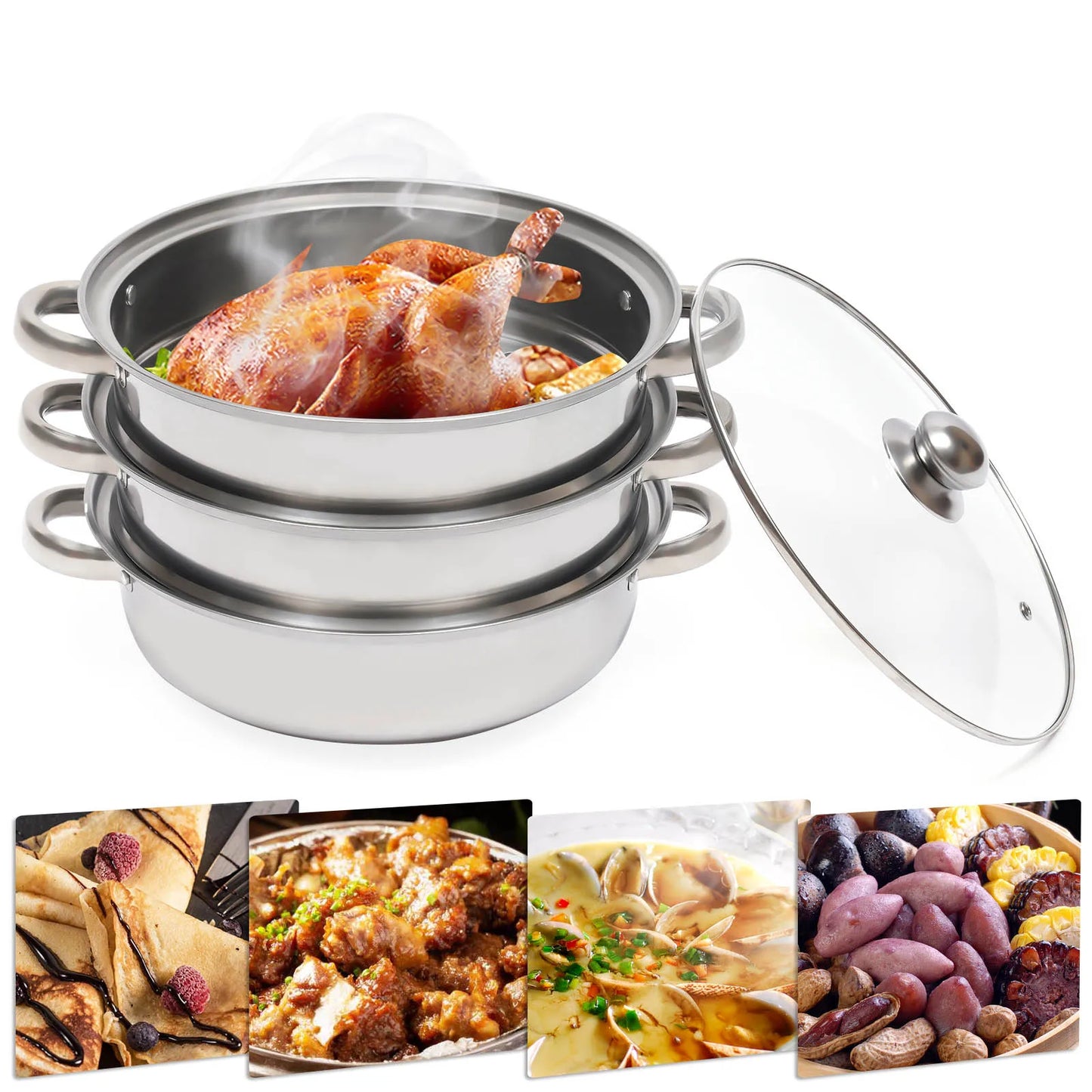28CM 3-Tier Stainless Steel Steamer Pot Set with Glass Lids for Cooking Vegetables Multi-Purpose Food Preparation Food Cooker