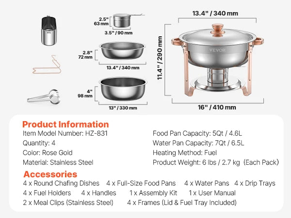 VEVOR 4 Pack Chafing Dish Buffet Set Stainless Steel Chafer with 4 Full Size Pan Round Catering Warmer Server for Party Banquets