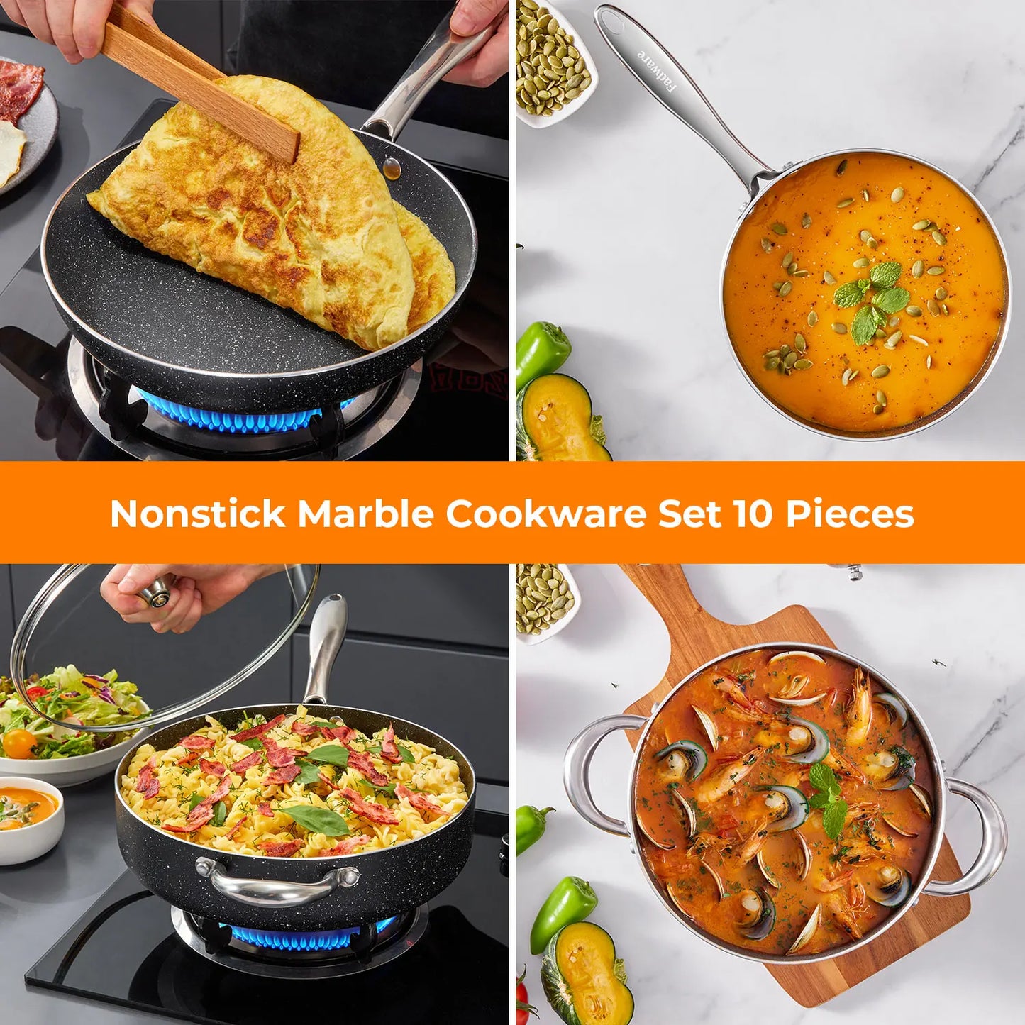 Nonstick Pots and Pans Set 10pcs, Induction hob Pan Set, Induction Compatible, Large Capacity Kitchen Cooking Pans Set