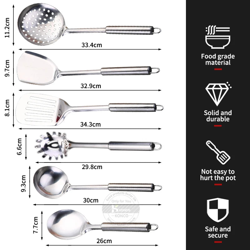KONCO 6 Pieces Kictche Cooking Utensil Set Stainless Steel Cookware Set with Organizer Holder Stand Kitchen Cooking Tools