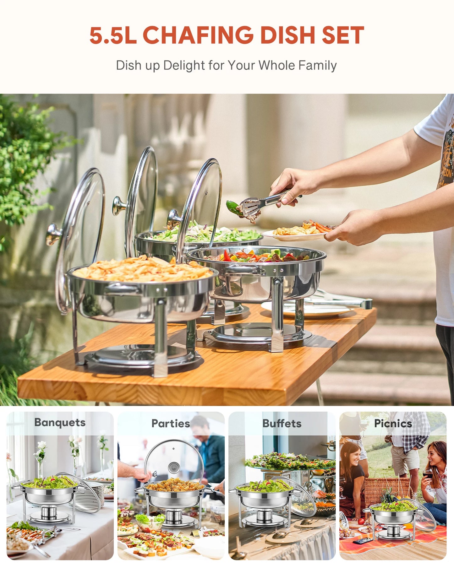 Wilprep 4/6/8PCS 5/6QT Chafing Dish Buffet Set Stainless Steel Food Warmer for Parties