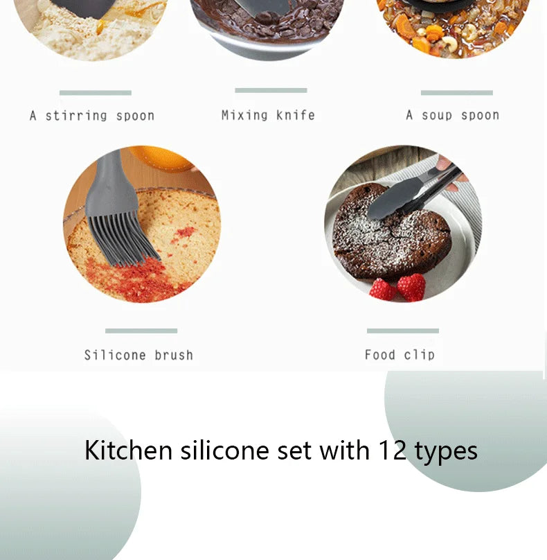 12-piece Set Wooden Handle Silicone Kitchen Utensils Silicone Kitchen Utensils Non-stick Pan Cooking Spatula Baking Storage Tool