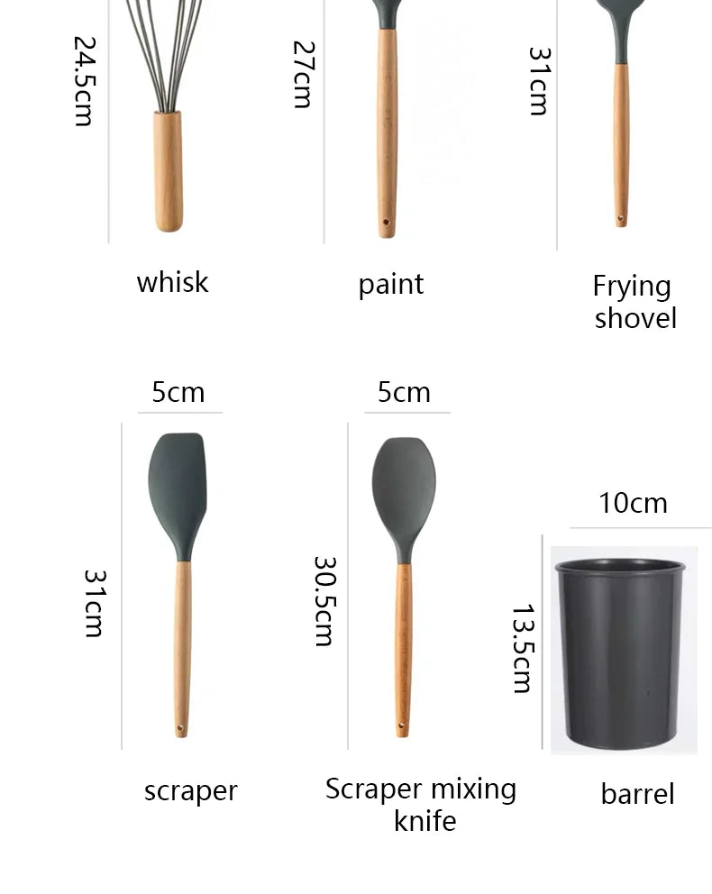 12-piece Set Wooden Handle Silicone Kitchen Utensils Silicone Kitchen Utensils Non-stick Pan Cooking Spatula Baking Storage Tool