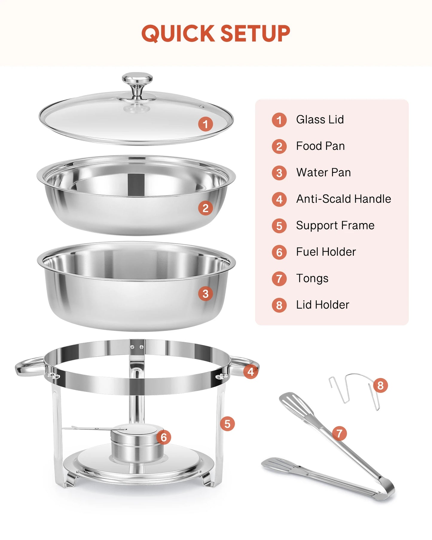 Wilprep 4/6/8PCS 5/6QT Chafing Dish Buffet Set Stainless Steel Food Warmer for Parties