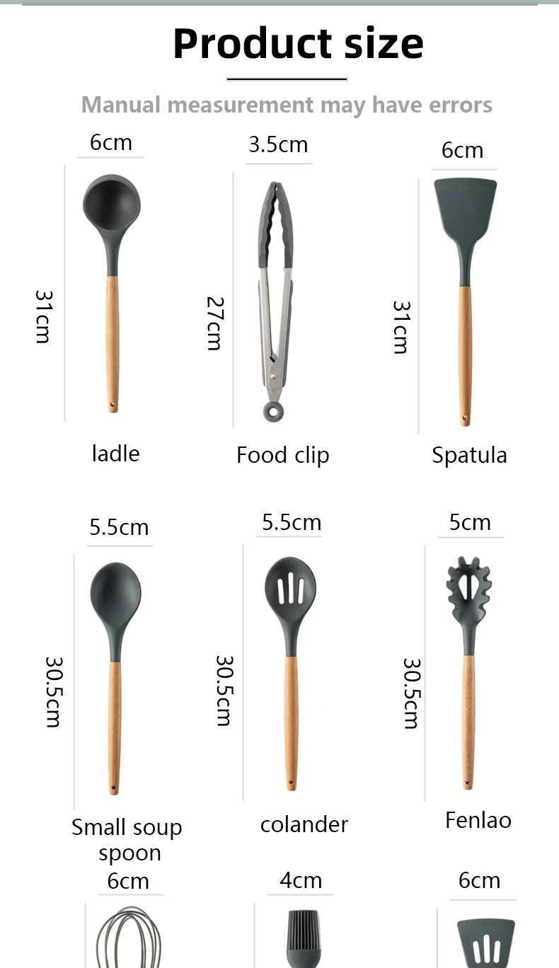 12-piece Set Wooden Handle Silicone Kitchen Utensils Silicone Kitchen Utensils Non-stick Pan Cooking Spatula Baking Storage Tool