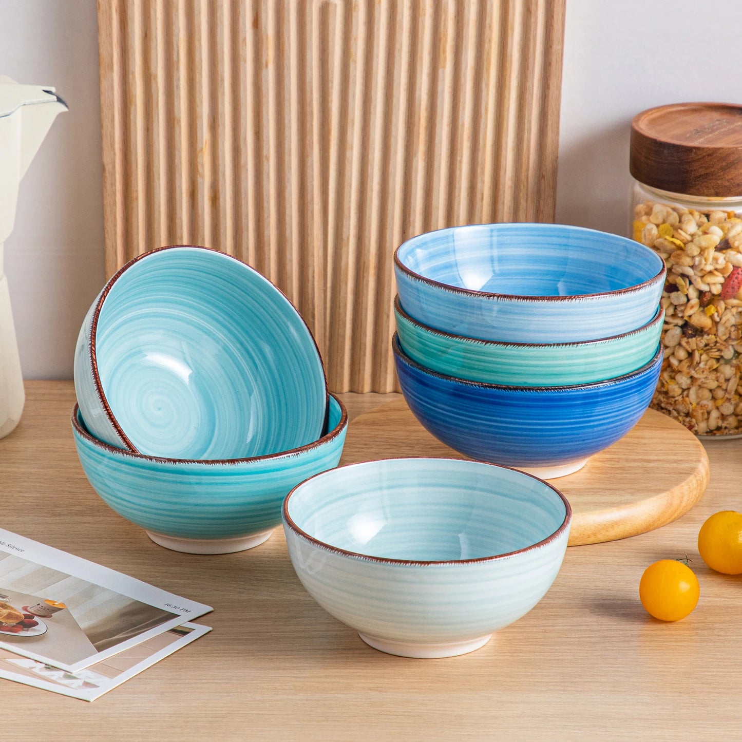 vancasso Bonita 6-Piece 380ML/820ML Porcelain Vintage Handpainted Ceramic Soup/Mixing/Fruit/Noodle/Ramen Large Serving Bowl Set