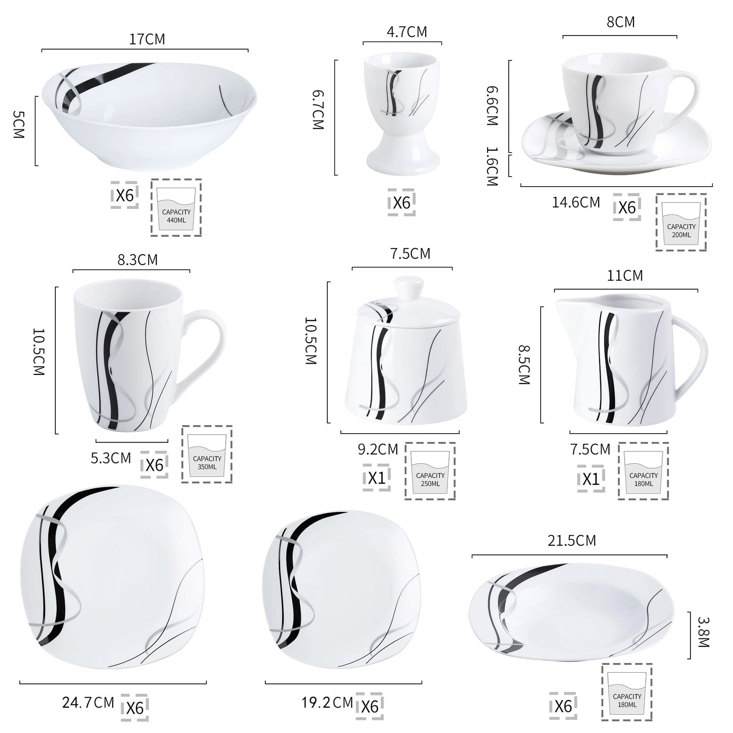 VEWEET 50/100-Piece Porcelain Dinner Set with Egg Cup,Cup&Saucer,Mug,Dessert&Soup&Dinner Plate,Bowl,Milk Jug,Sugar Pot Set