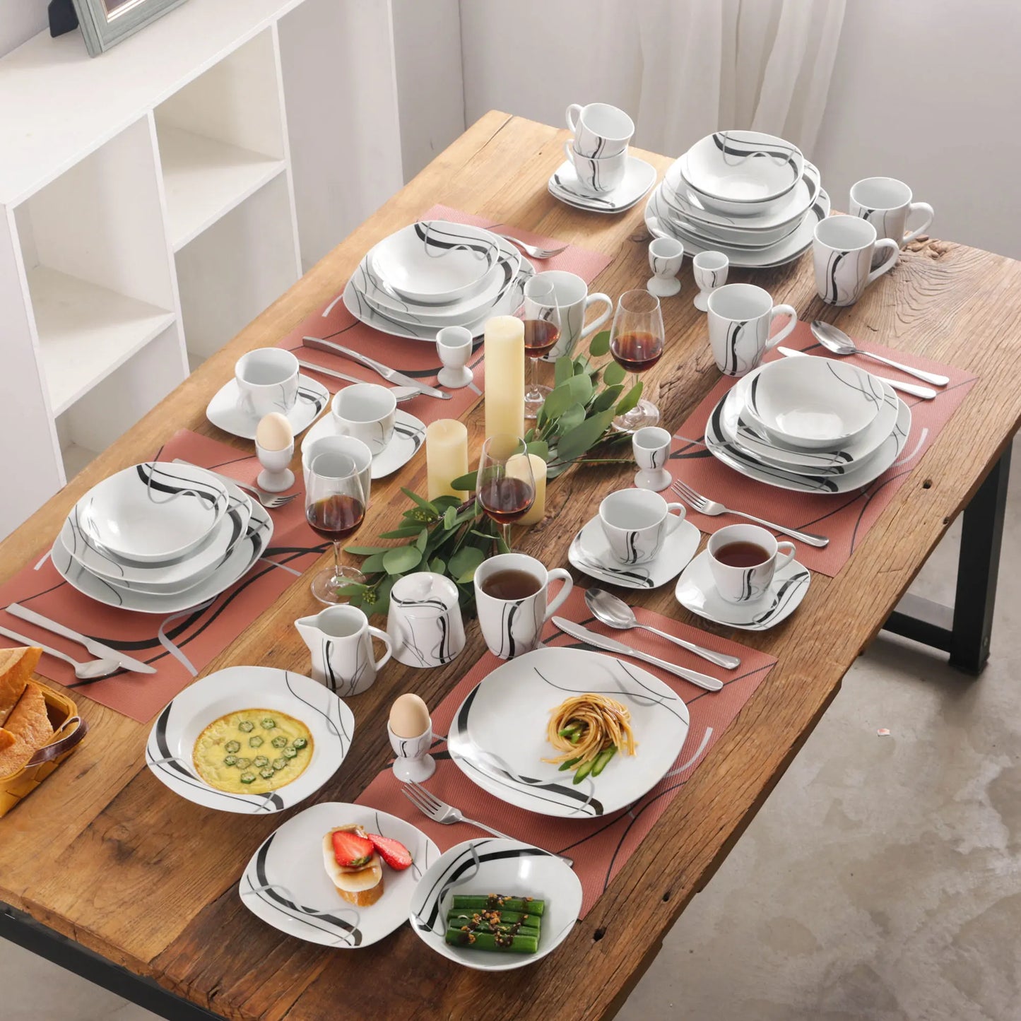 VEWEET 50/100-Piece Porcelain Dinner Set with Egg Cup,Cup&Saucer,Mug,Dessert&Soup&Dinner Plate,Bowl,Milk Jug,Sugar Pot Set