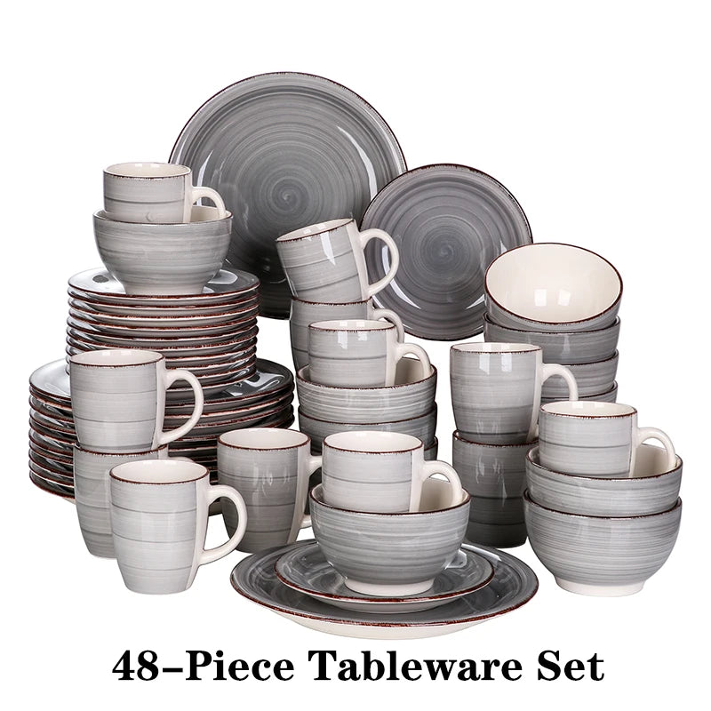 vancasso 16/32/48-Pieces Porcelain Dinner Set Grey Vintage Ceramic Tableware Set with Dinner Plate,Dessert Plate,Bowl,Mug