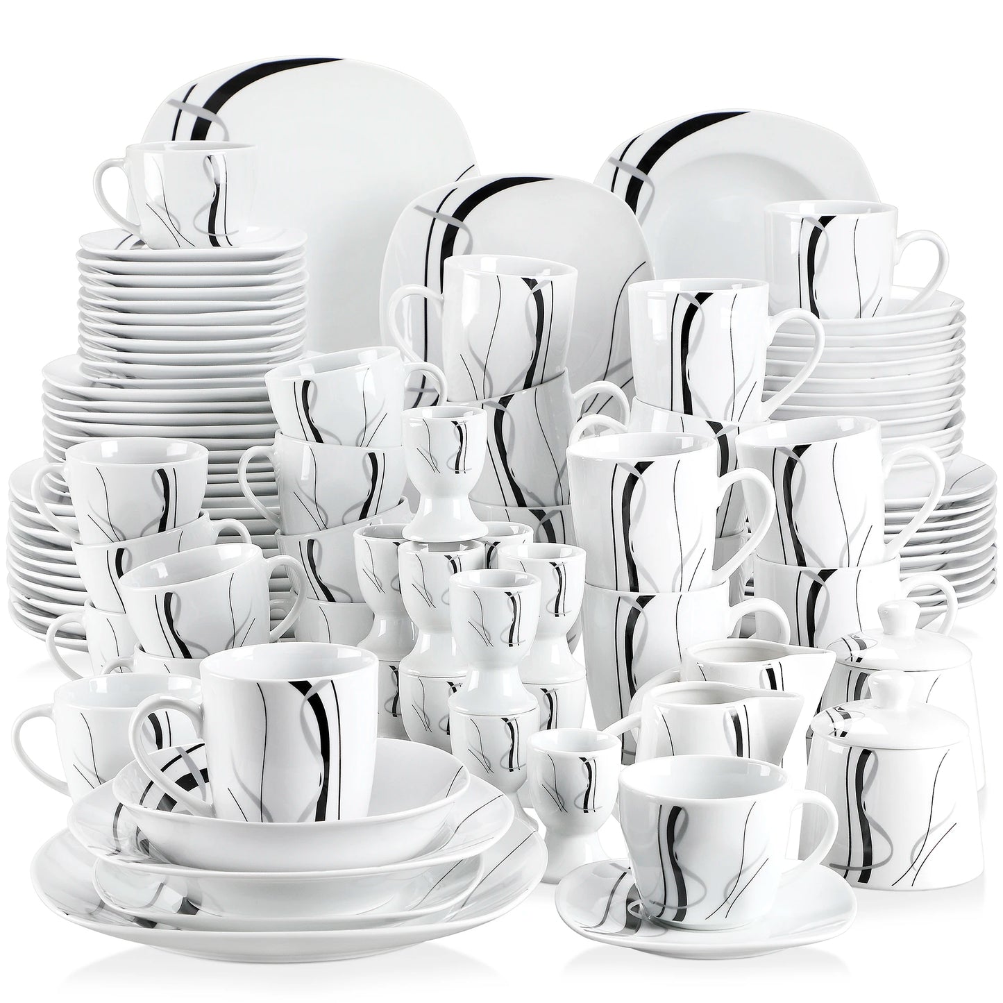 VEWEET 50/100-Piece Porcelain Dinner Set with Egg Cup,Cup&Saucer,Mug,Dessert&Soup&Dinner Plate,Bowl,Milk Jug,Sugar Pot Set