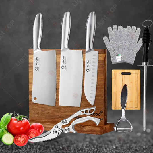 Professional Kitchen Knives Chef Chopping Knife Hollow Handle Meat Vegetable Slicing Knife Solid Wood Magnetic Knife Block