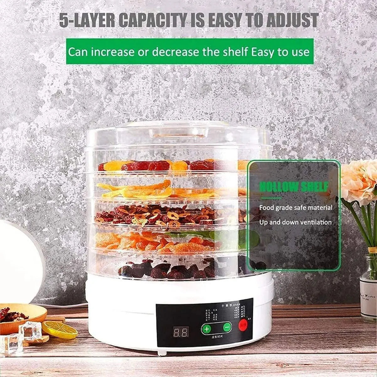 5 Tray Electric Food Dehydrator Snack Fruit Dryer Home Use Multifunctional Kitchen Meat Beef Dryer Veg Preserver Machine 350W