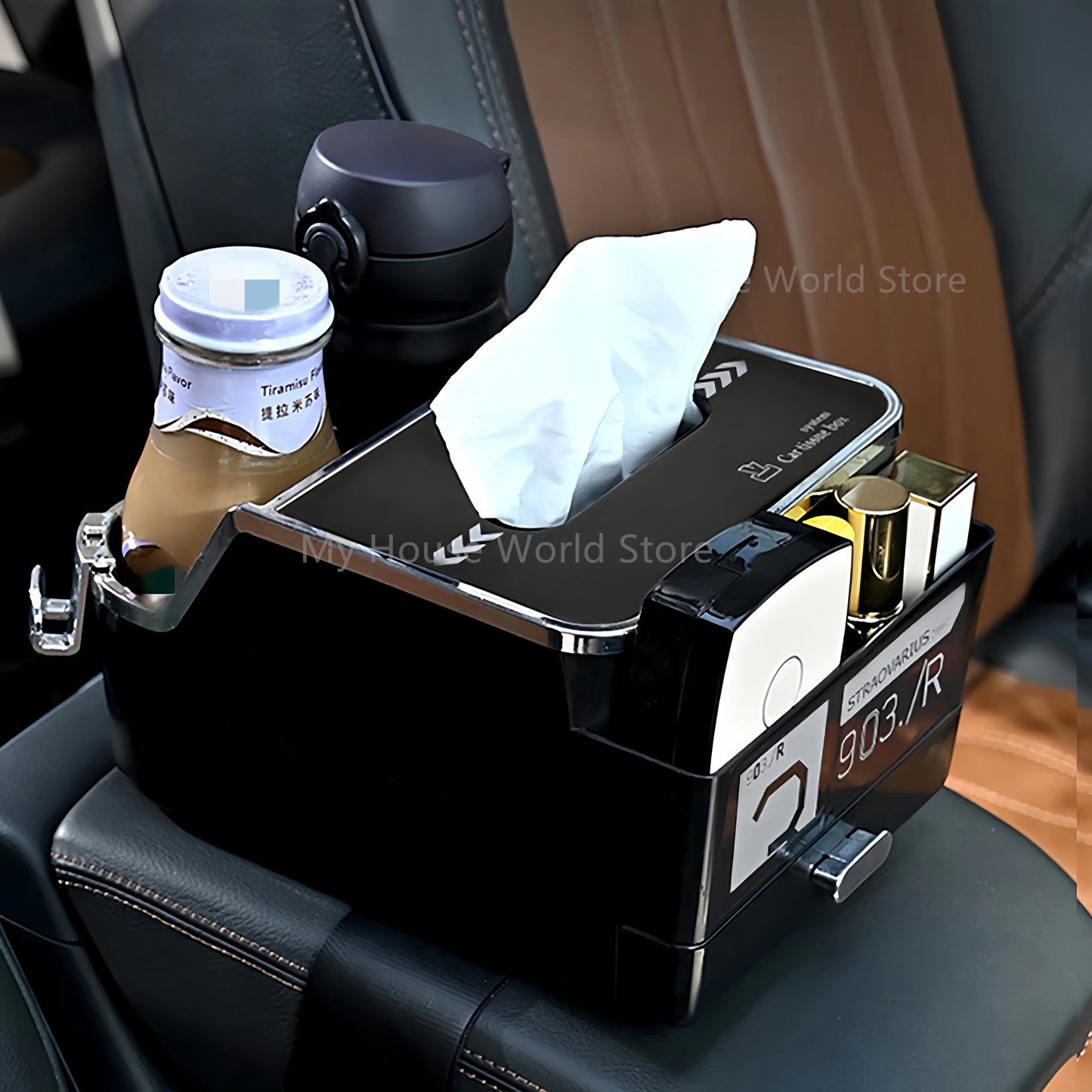 Car Armrest Storage Box Water Cup Holder Large Capacity Multifunctional Tissue Storage Car Seat Hanger Paper Towels Storage