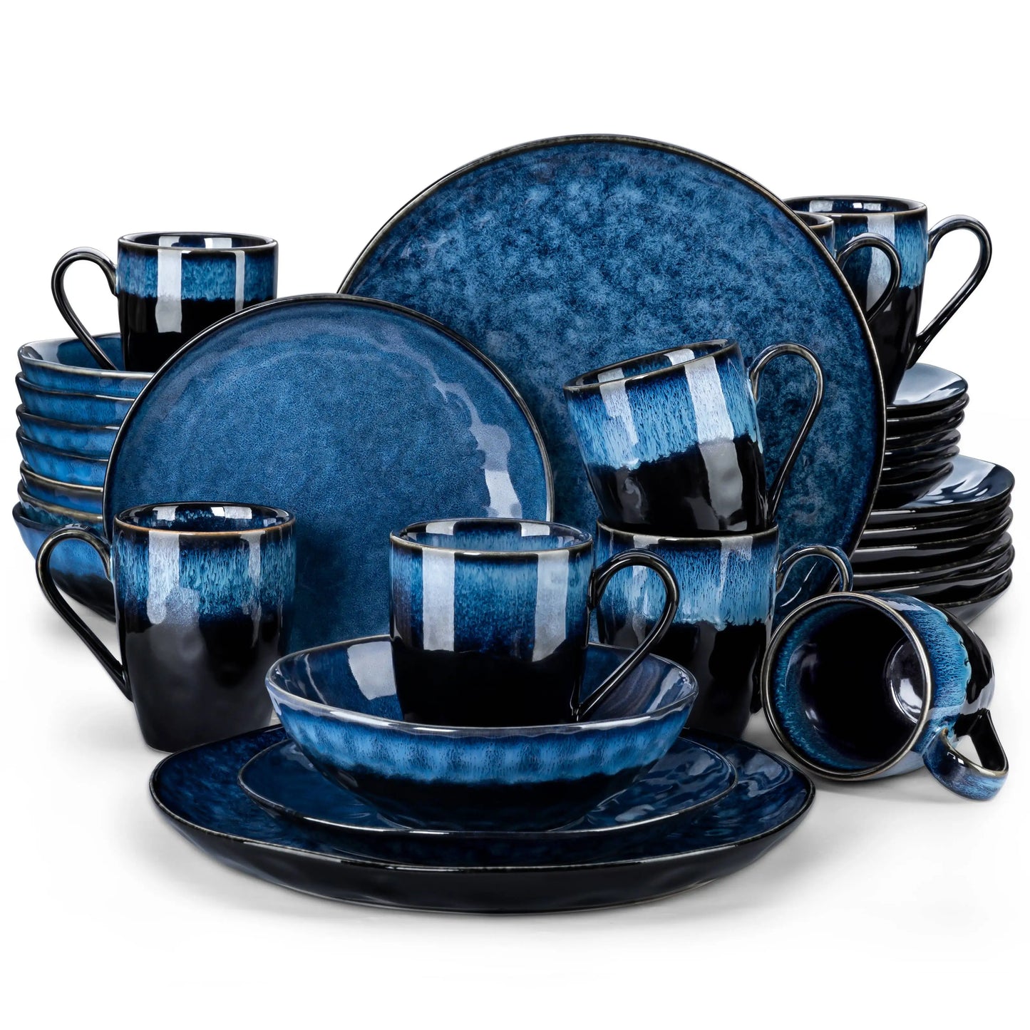 VANCASSO 16/32/48-Piece Starry Blue Dinner Set,Kiln Change Glaze Tableware Dinner Set with Dinner Plate,Dessert Plate,Bowl,Mug