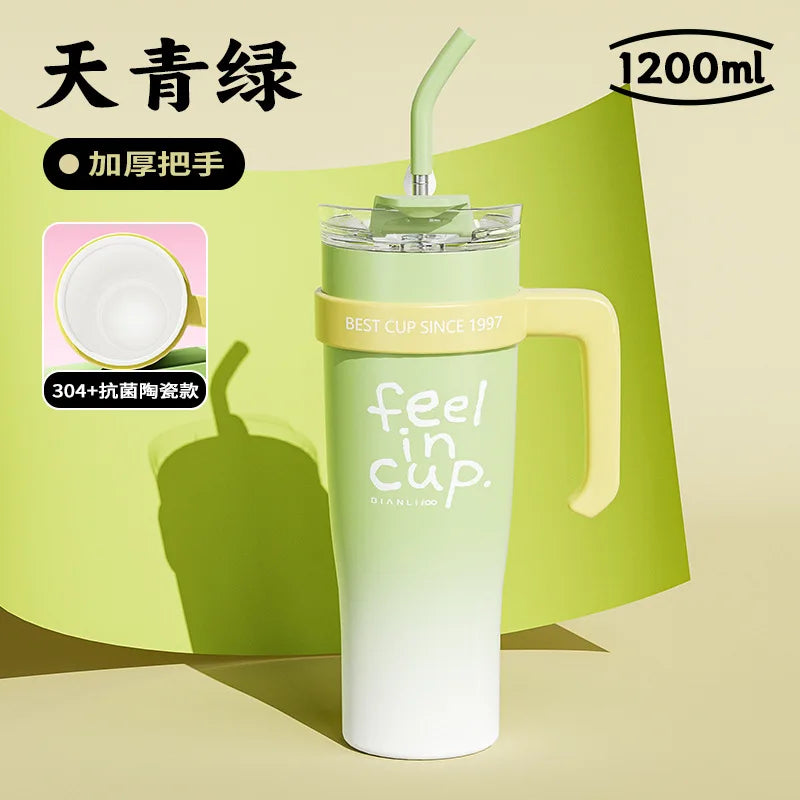 1200ml Ice Cup High quality Thermos cup with straw and handle Large capacity double cup heat preservation