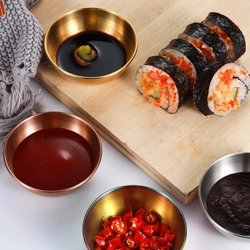 Stainless Round Steel Seasoning Dish Hot Pot Dipping Bowl Small Food Sauce Cup Sushi Vinegar Soy Saucer Container Appetizer Tra