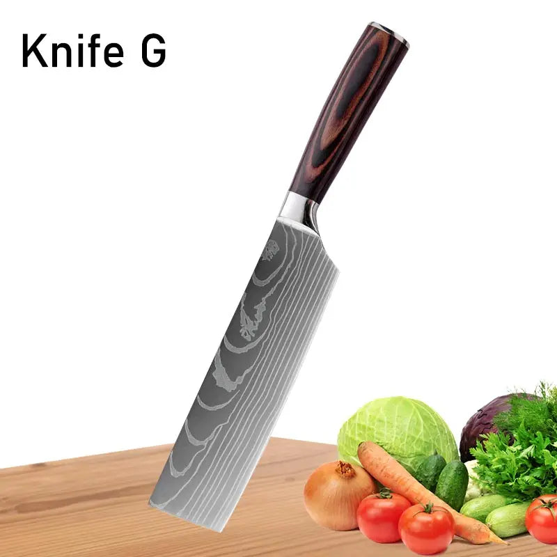 WXCOO Chef Knife Japanese Kitchen Knives Set Professional Laser Damascus Pattern Stainless Steel Meat Cleaver Slicer Knife