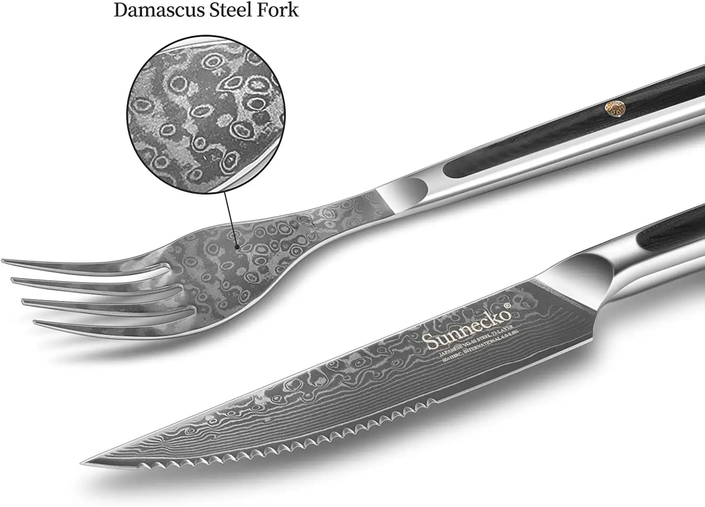 Sunnecko Forks and Steak Knives Set 73 Layers VG10 Damascus Steel Table Meat Slicing Knife Ultra Sharp Tableware Cutlery Tools