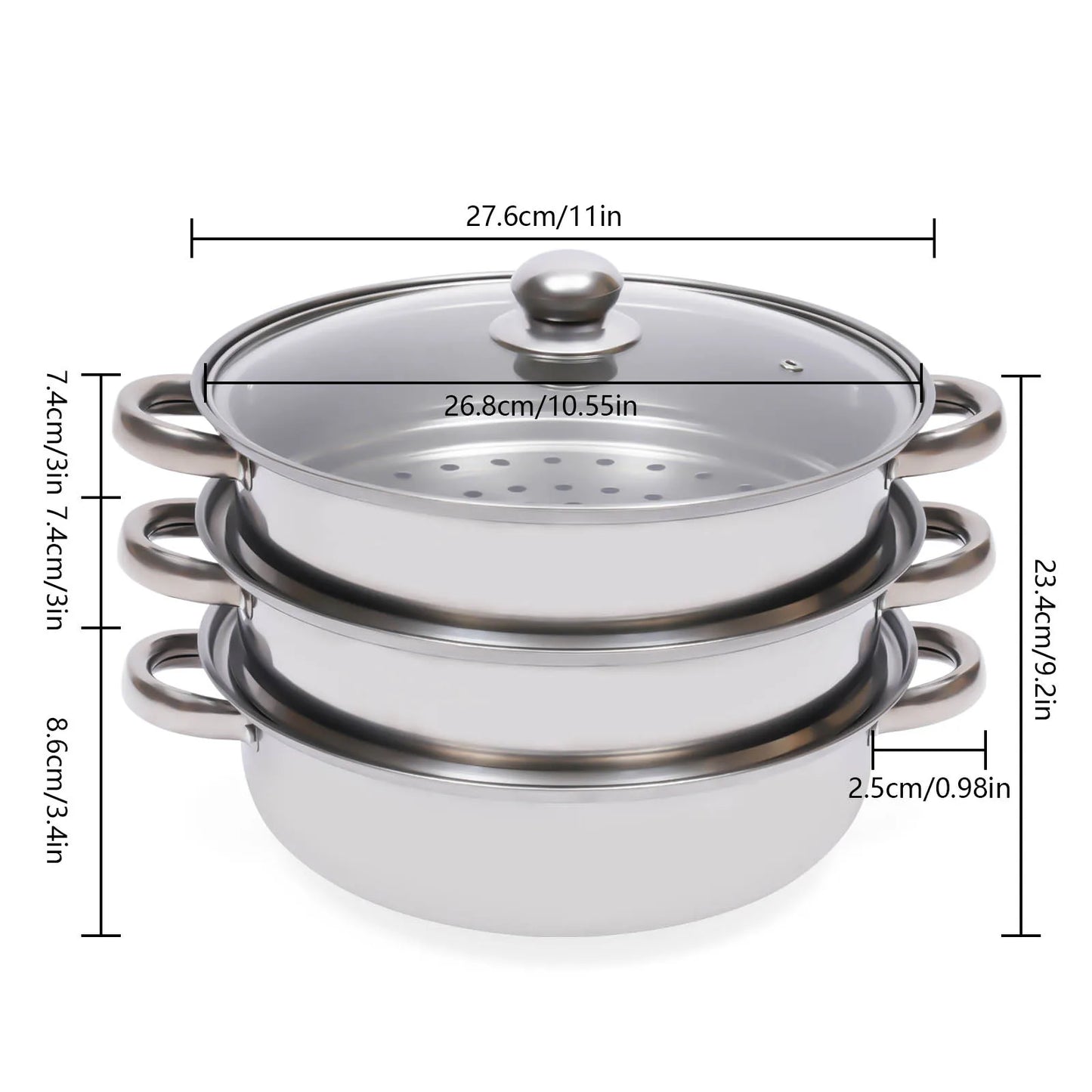 3 Tier Stainless Steel Steamer Hot Pot Cooker Steam Pot Food Cooking + Glass Lid