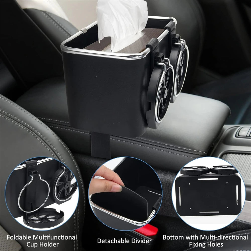 Car Armrest Storage Box Water Cup Holder Large Capacity Multifunctional Tissue Storage Car Seat Hanger Paper Towels Storage