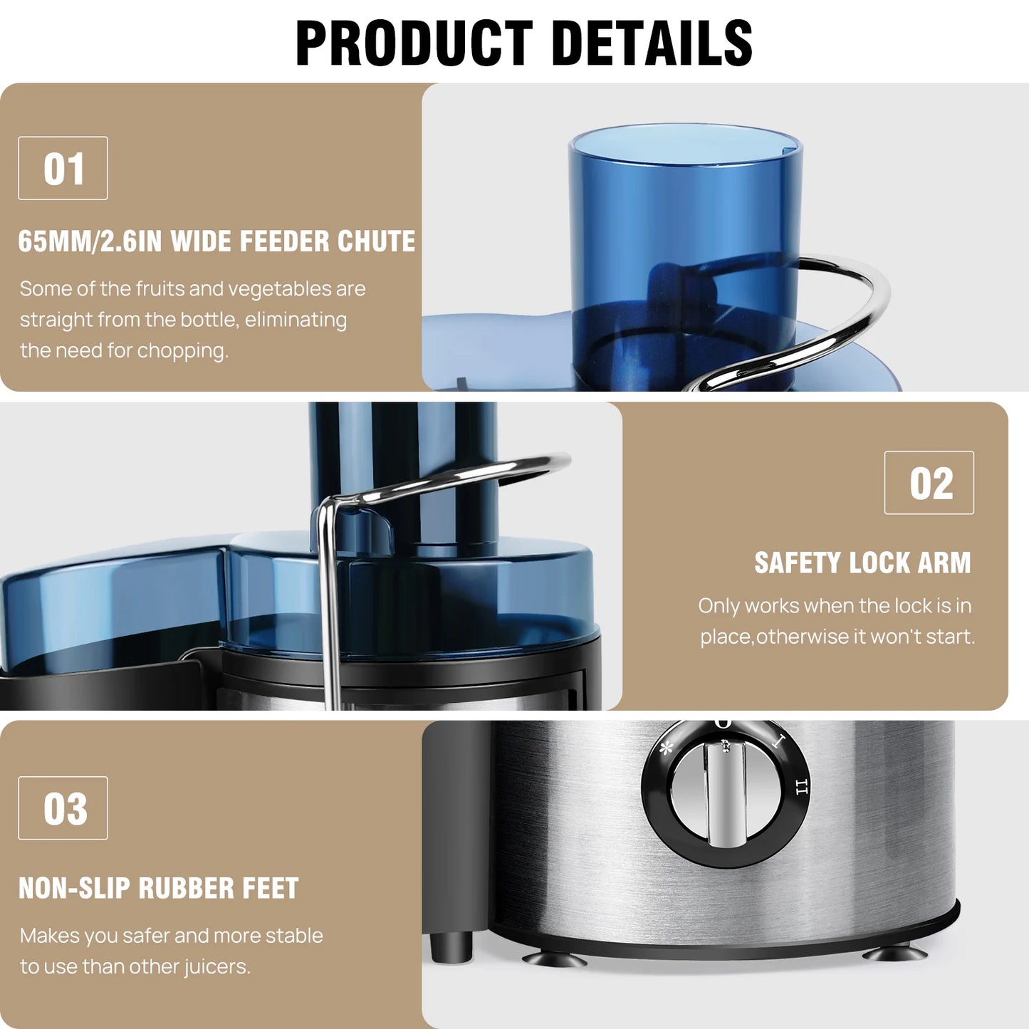BRIEFNESS Juicer Centrifugal Juicer Machines Whole Fruit Vegetable 500W 65mm Wide Mouth 2 Speed 500ml Efficient Juice Maker
