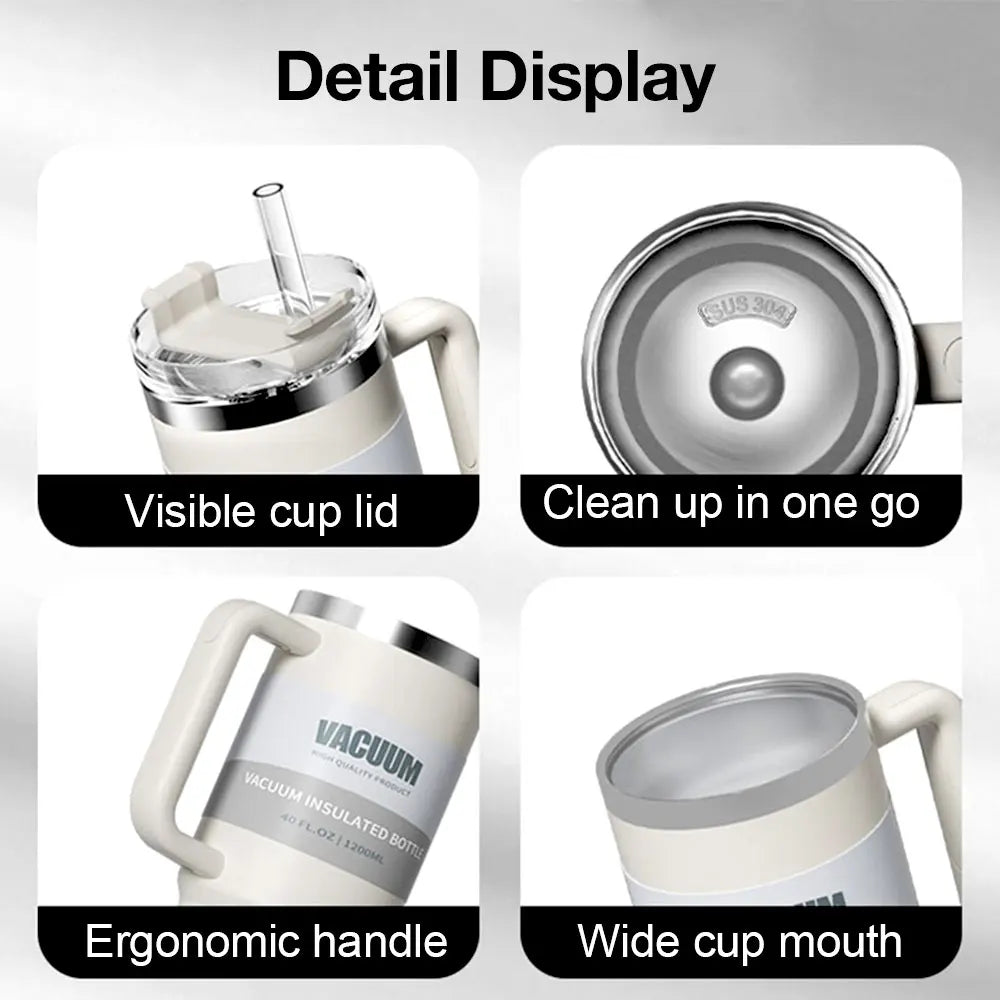 40oz 304 Stainless Steel Insulated Water Bottle Thermal Coffee Car Cup Cold Hot Mugs Vacuum Flask With Handle Straw For Sport