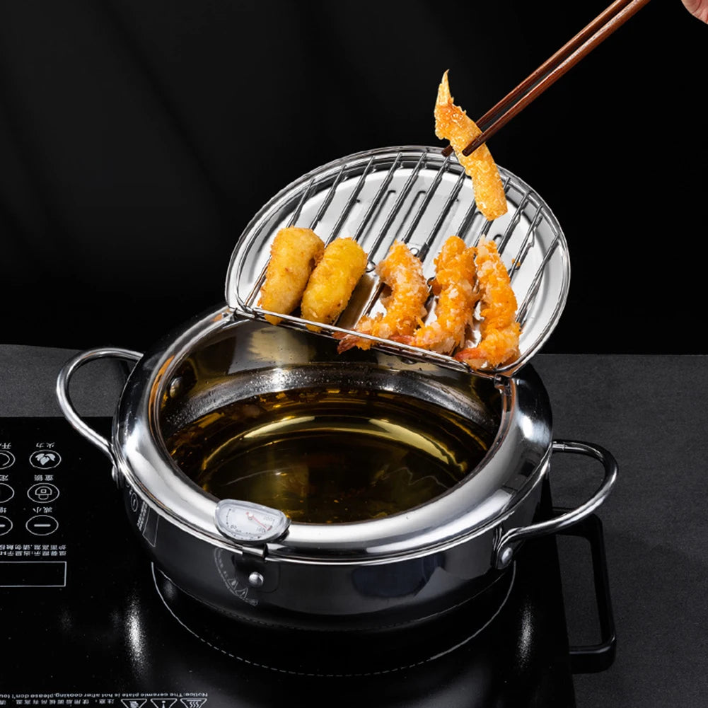Japanese Style Deep Frying Pot with Thermometer Lid Oil Drip Drainer Rack 304 Stainless Steel Frying Chicken Pot for 2-3 People